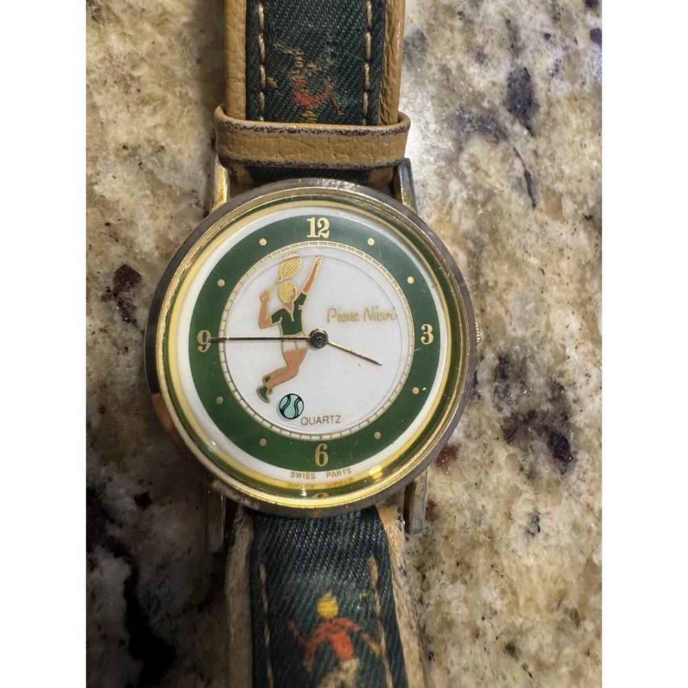 Tennis Player Round Gold Tone Analog Watch Men's Tennis Leather Bands